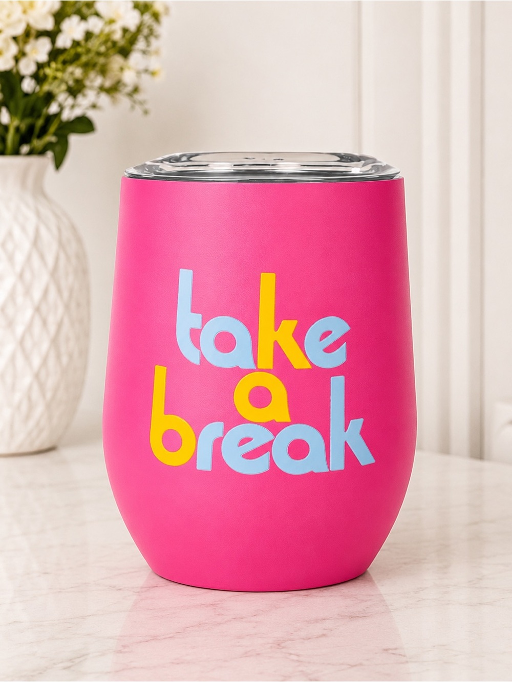 ban.do Pink Stainless Steel Wine Tumbler 12oz Insulated Cup “Take a Break”